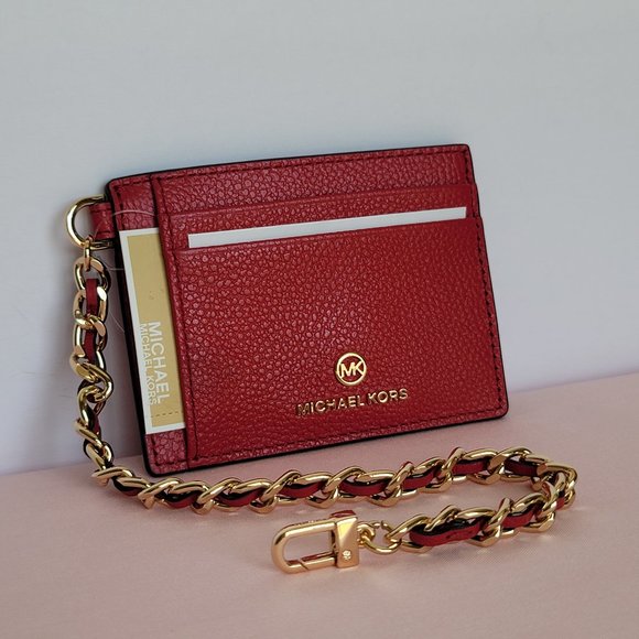 MICHAEL KORS Jet Set Small ID Pebbled Leather Chain Card Holder Case-Crimson⭐ - Picture 10 of 16